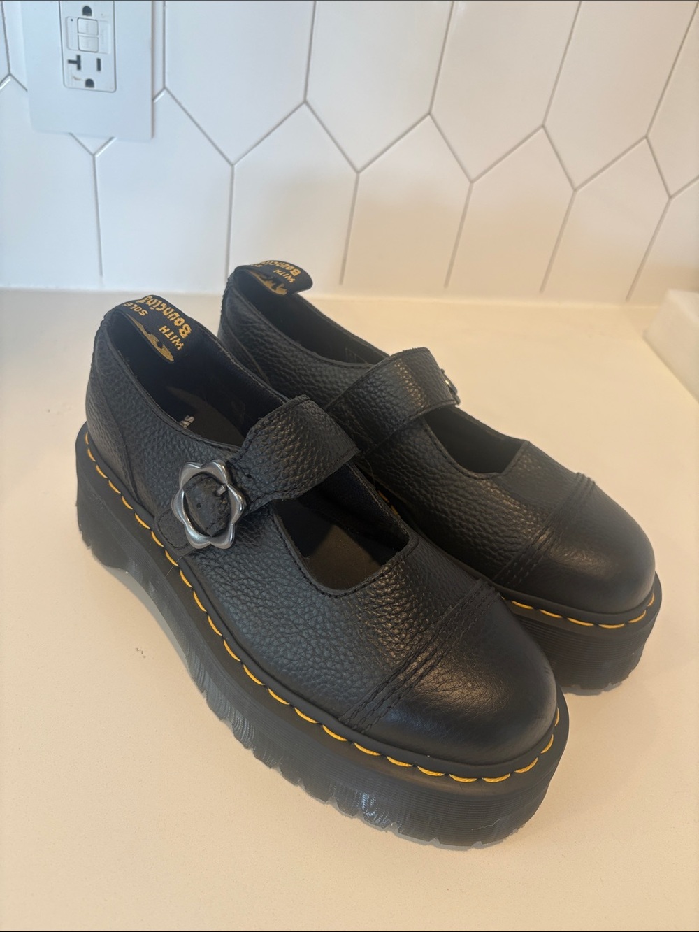 Dr. Martens Black Leather Platform Mary Janes with Yellow Stitching
